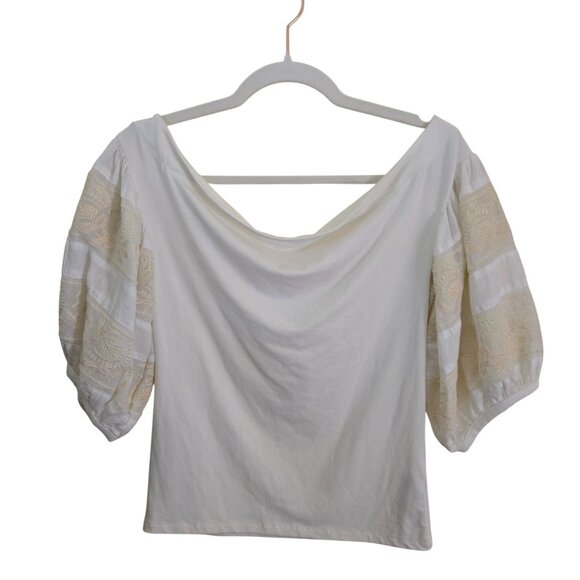 Free People NWT Rock With It Embroidered Knit Blouse Ivory Puff Sleeve Size S - Picture 3 of 11